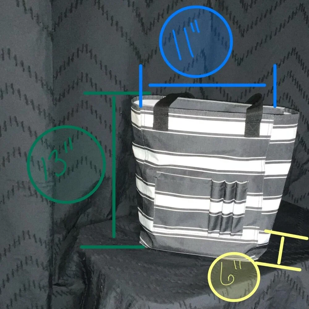 Thirty-One Zip-Top Organizing Utility Tote - Charcoal Stripe | Teacher Bag - Picture 7 of 8